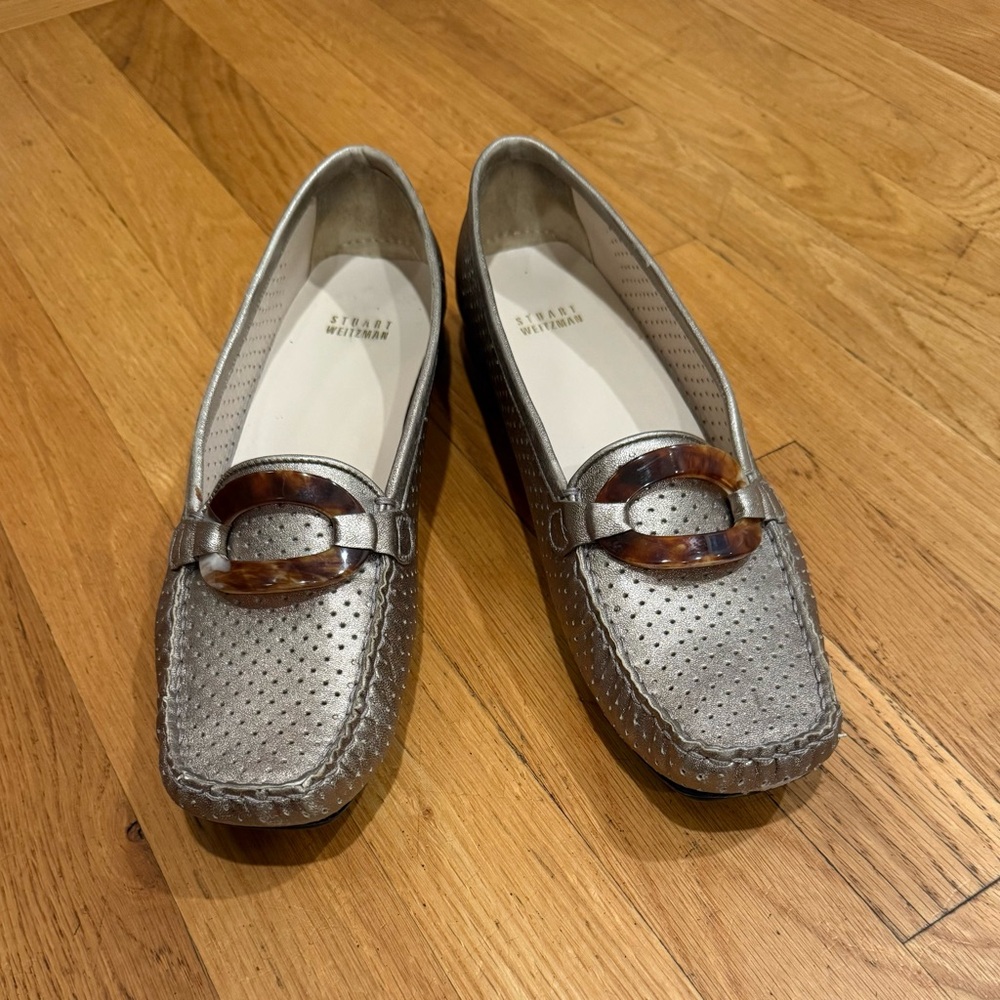 Stuart Weitzman Perforated Leather Loafers Horn Buckle Bronze Silver Size 10.5